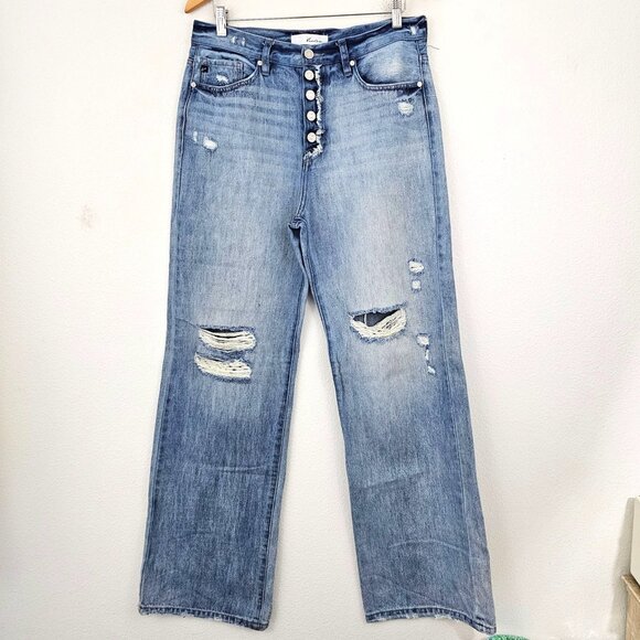KanCan Women Sz 29 High Rise 90's Flare Distress Jean Blue Wash Denim Button Fly - Picture 11 of 11